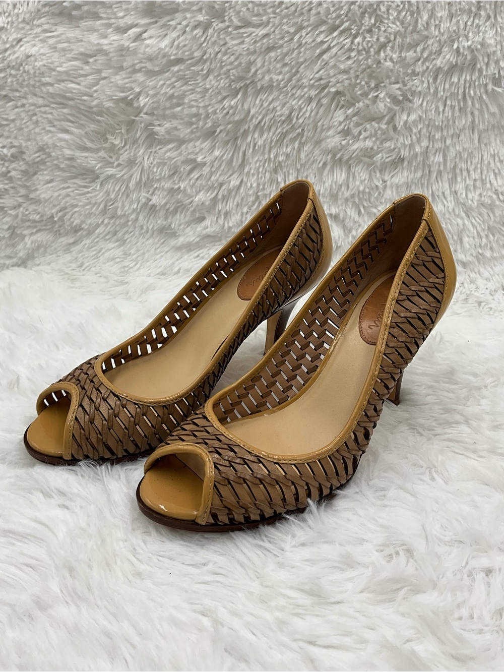 Cole Haan - Nike Air Heels Size 8 Tan Woven LeatherBoots Peep-Toe Heels